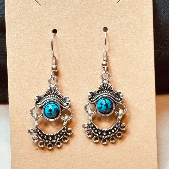Silver Tone & Blue Stone/Bead Earrings. Hinge at Halfway - Picture 4 of 6